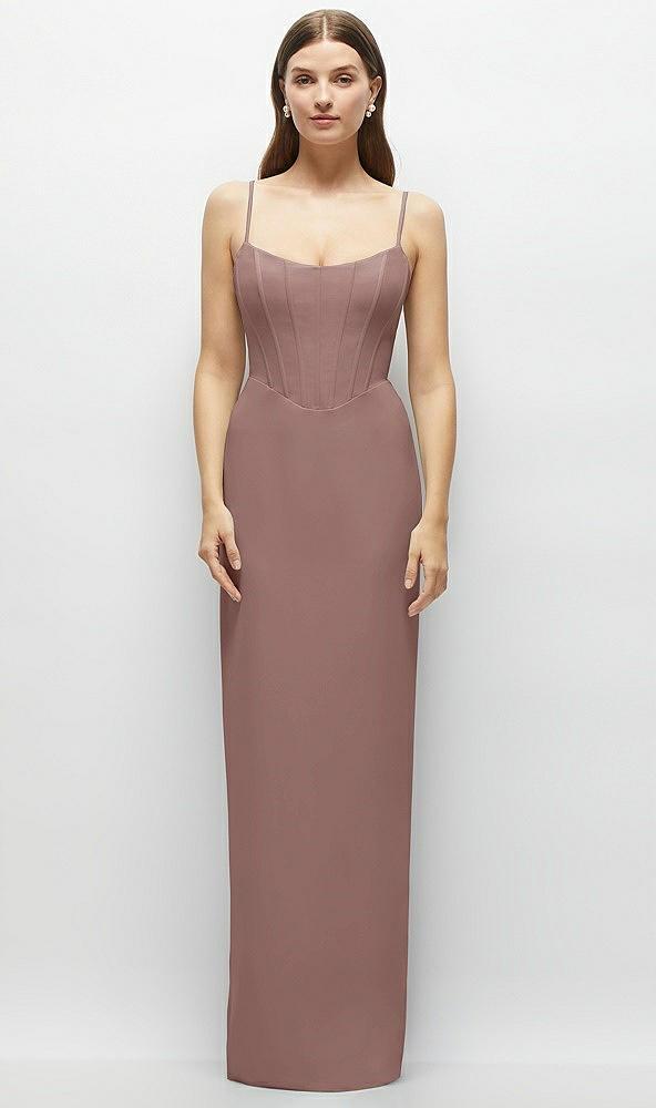 corset-style crepe column maxi dress with adjustable straps