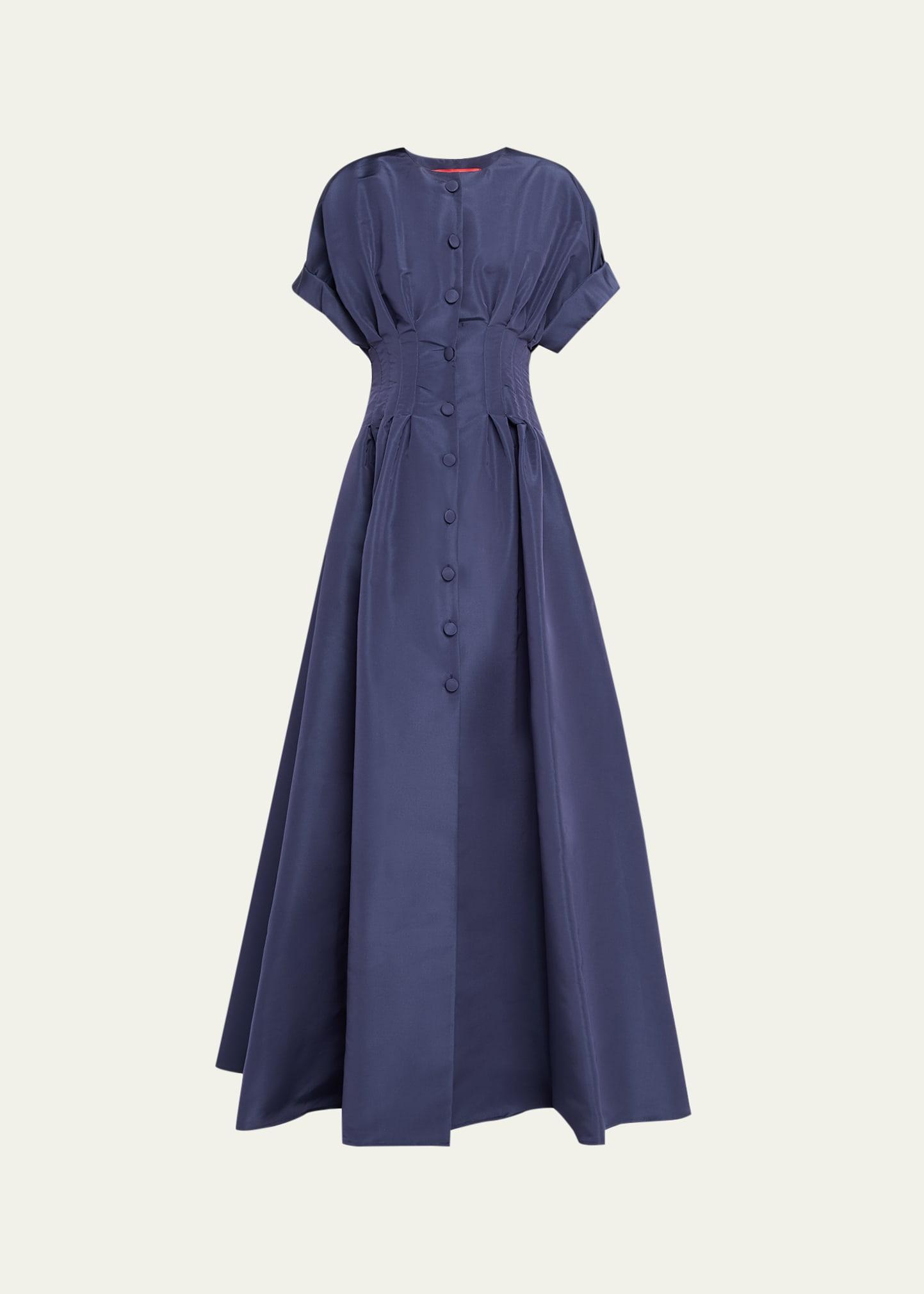 corset-waist short-sleeve button-front gown