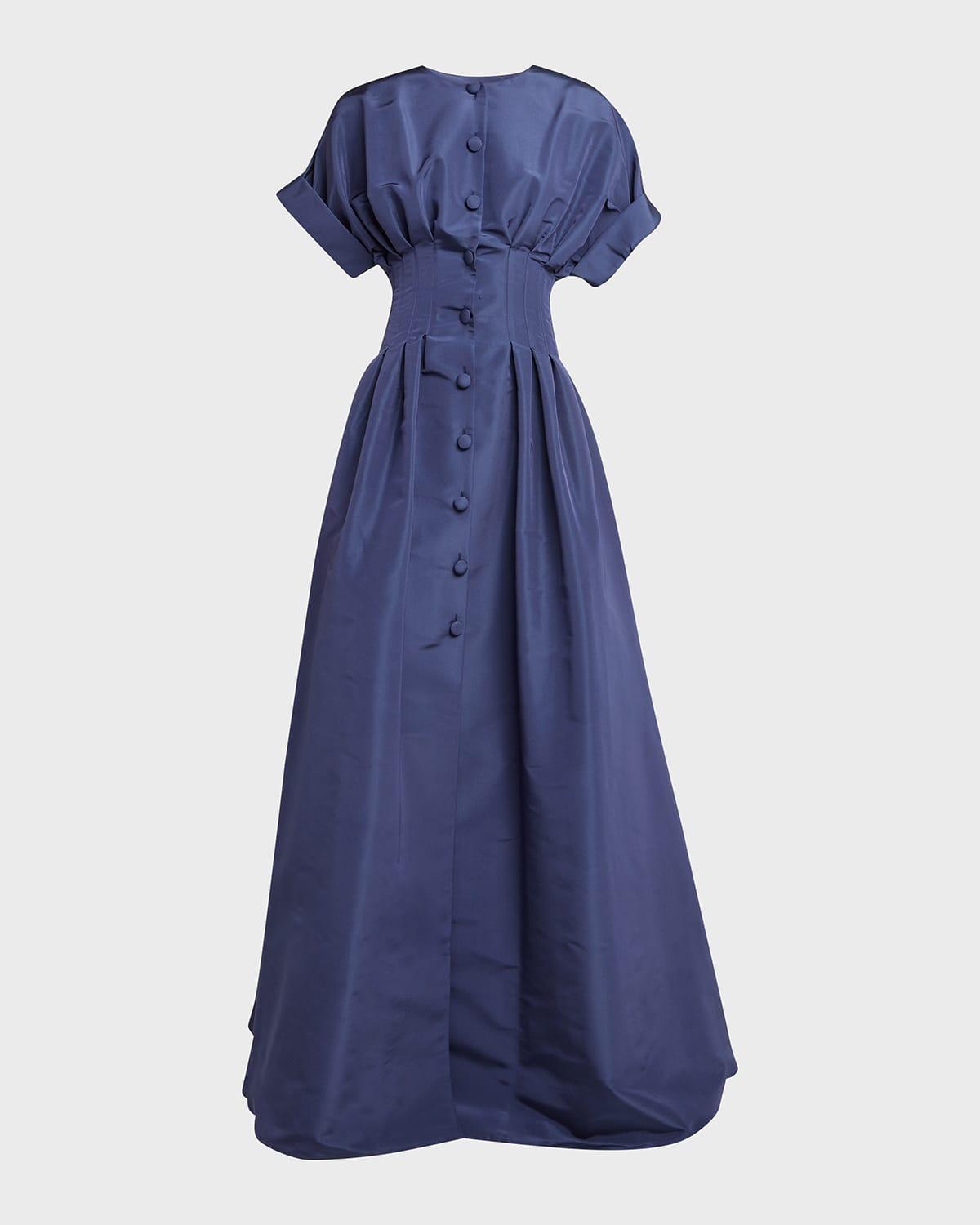 corset-waist short-sleeve button-front gown
