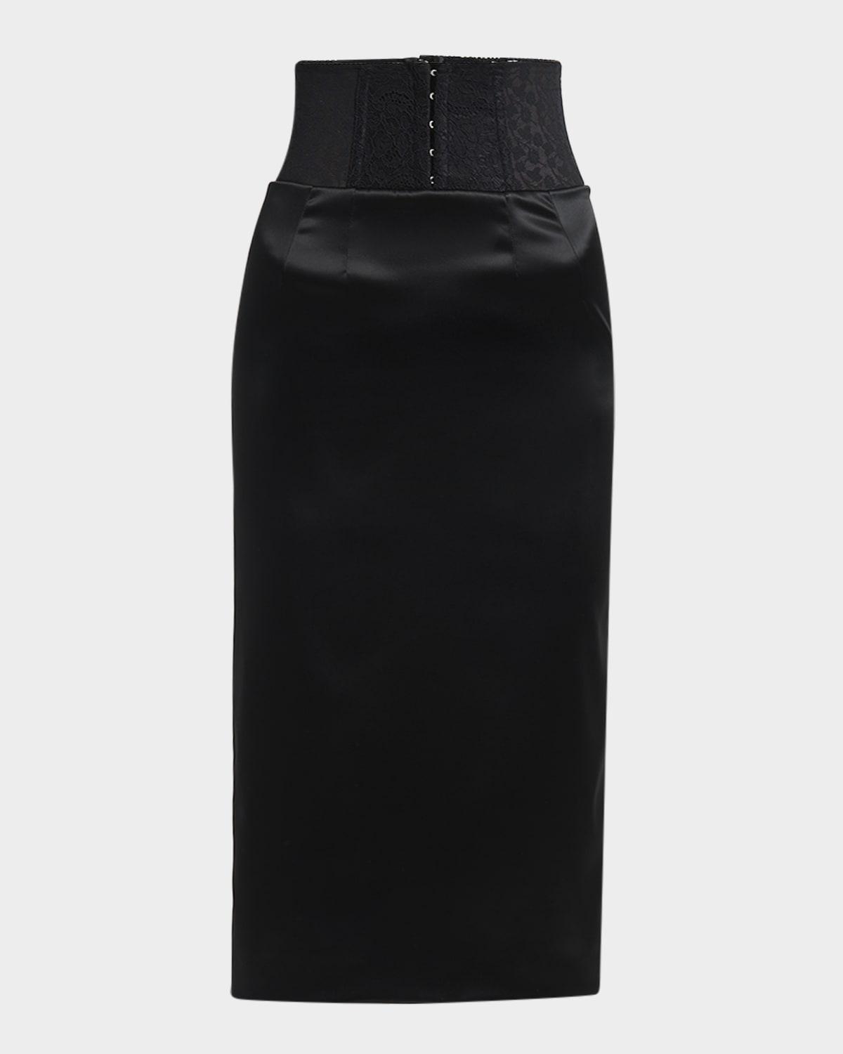 corset-waist stretch satin midi skirt