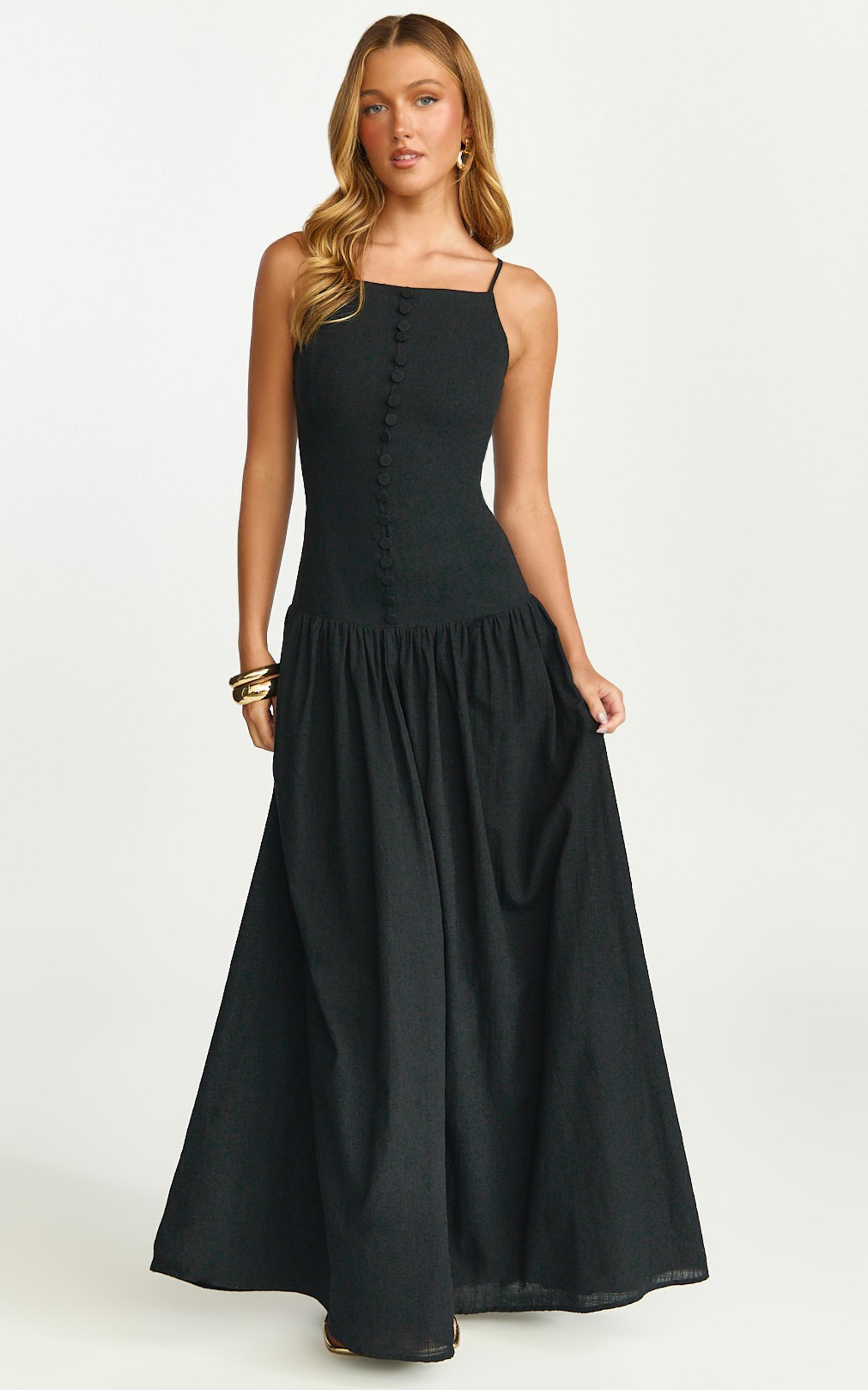 cortez maxi dress - square neck button down dropped waist dress in black