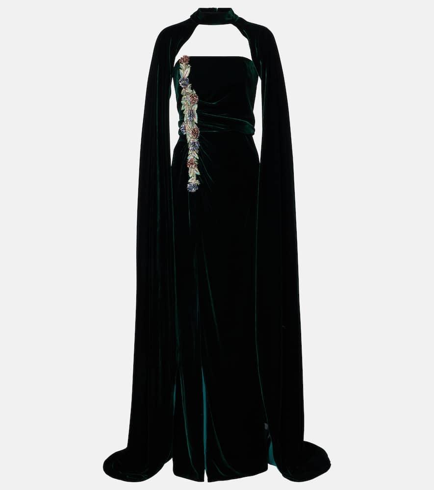 costarellos brisha caped embellished velvet gown