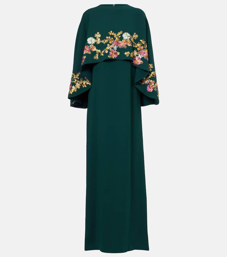 costarellos caped embellished crêpe gown