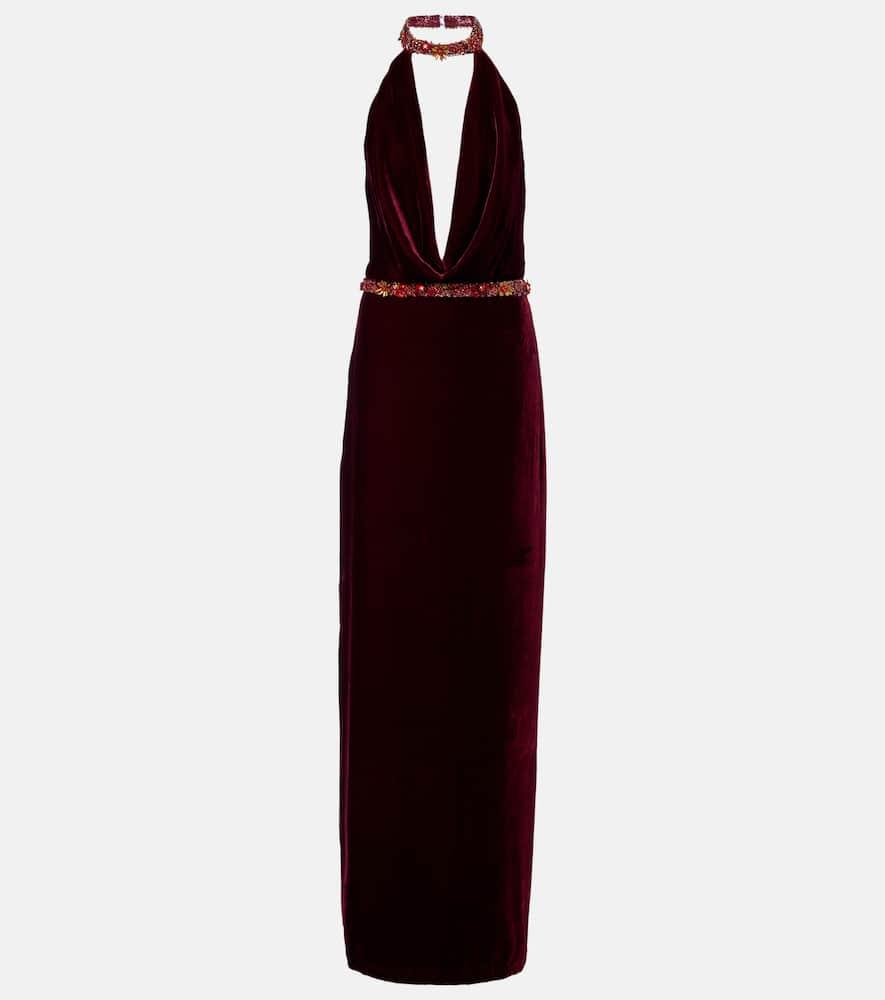costarellos draped embellished halterneck velvet gown