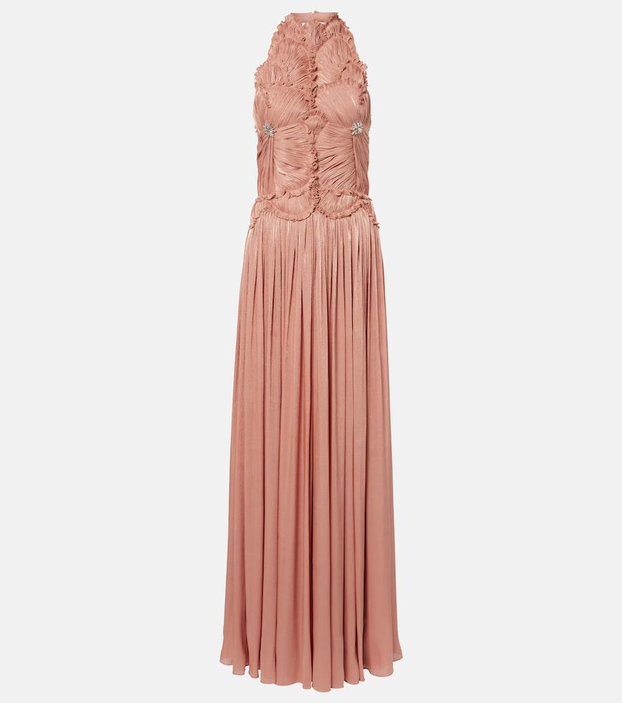 costarellos embellished ruched georgette gown