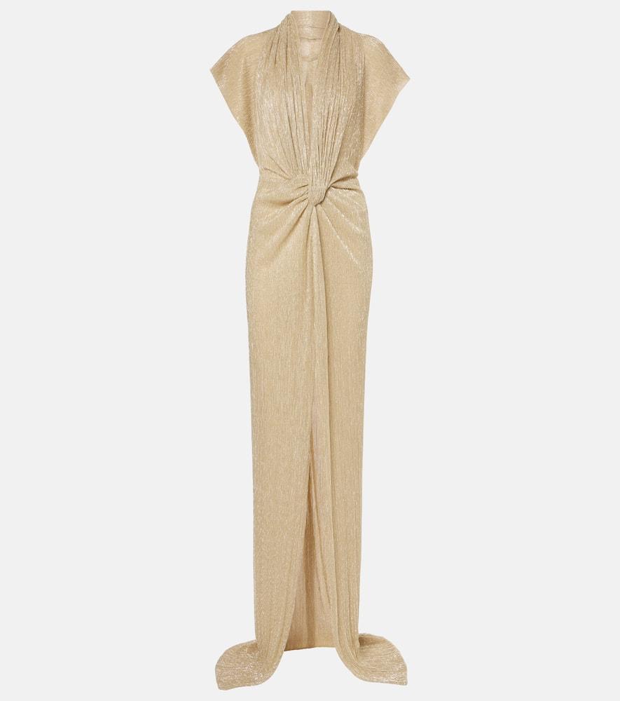 costarellos eva draped lamé gown