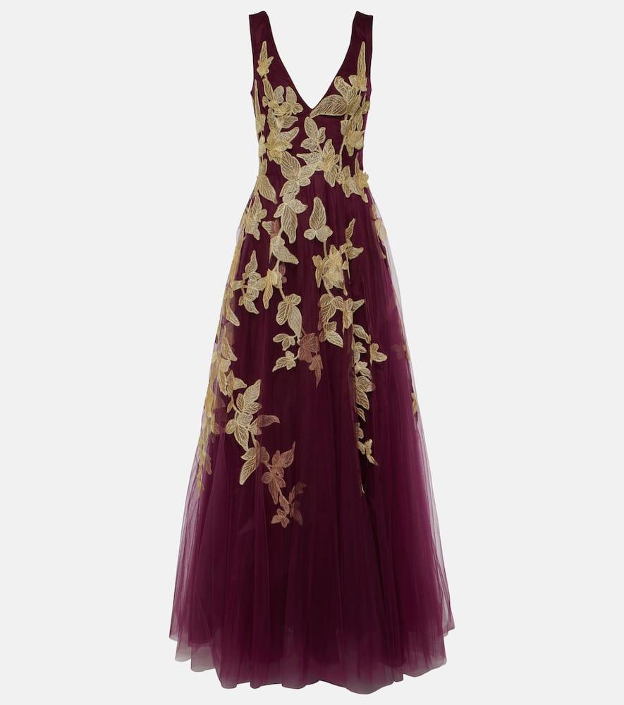 costarellos floral appliqué tulle gown