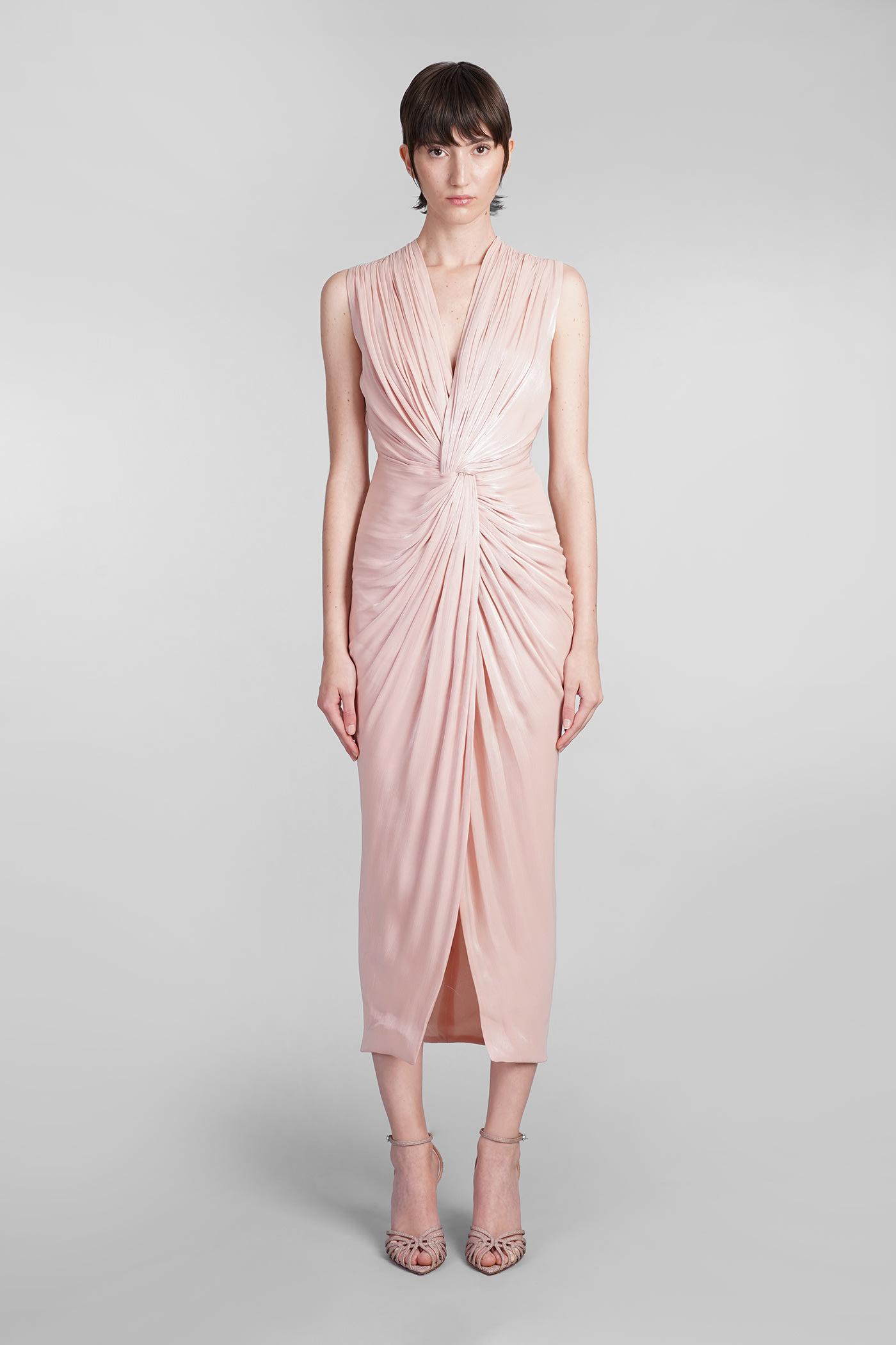 costarellos franca long dress in rose-pink polyester