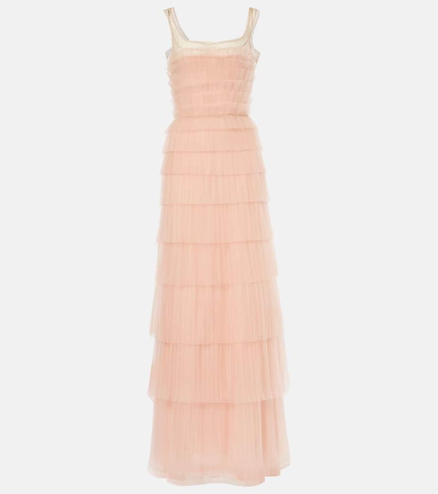 costarellos kali embellished plissé tiered gown