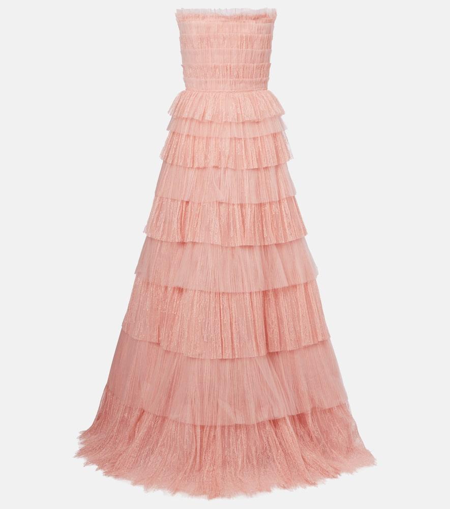 costarellos trissa plissé tiered tulle and lace gown
