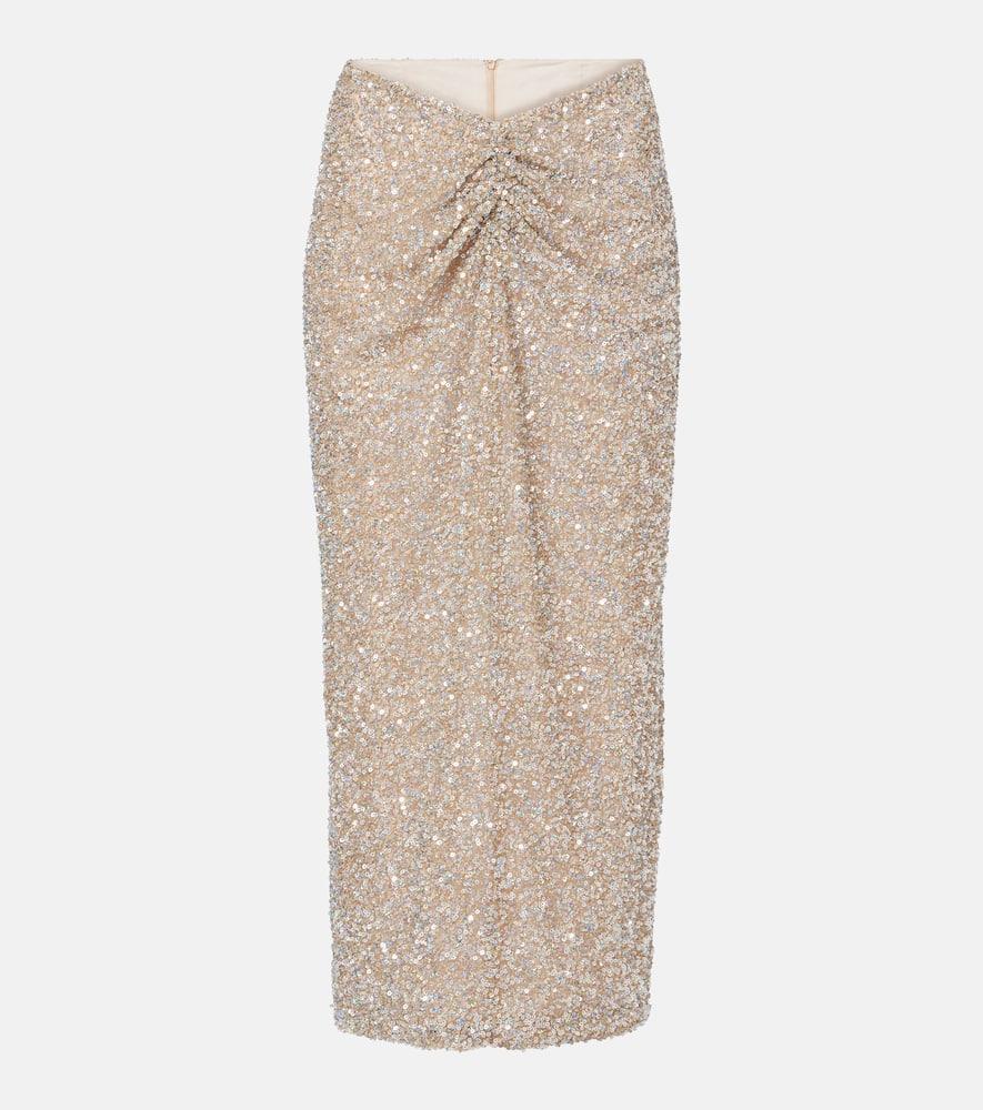 costarellos zuri ruched sequined midi skirt