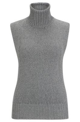 cotton and wool-blend rollneck sweater vest- light grey women's casual tops