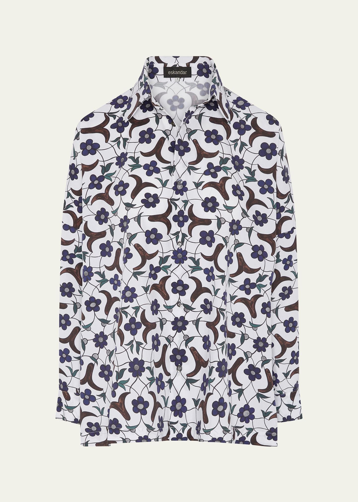 cotton buds flowers tile-print wide longer-back shirt with collar (mid plus length)