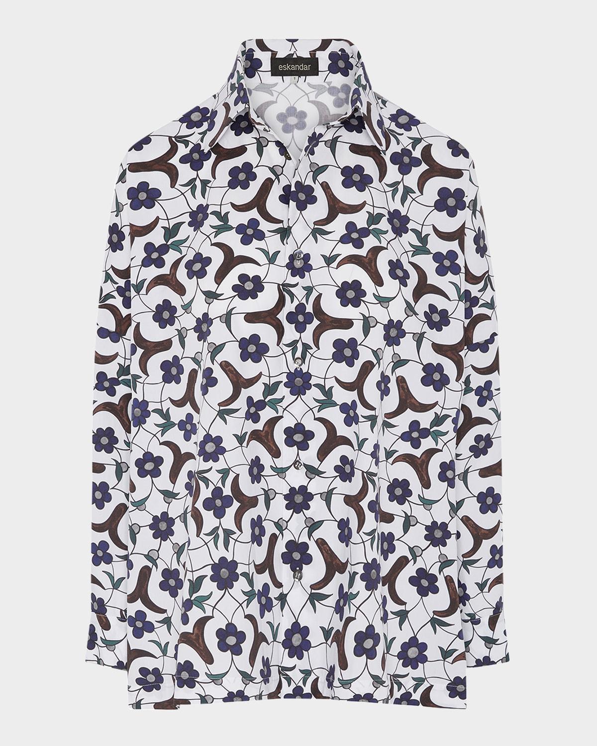 cotton buds flowers tile-print wide longer-back shirt with collar (mid plus length)