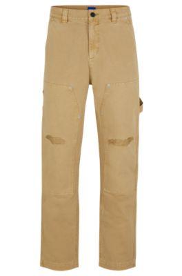 cotton-canvas trousers with distressed details- beige men's casual pants