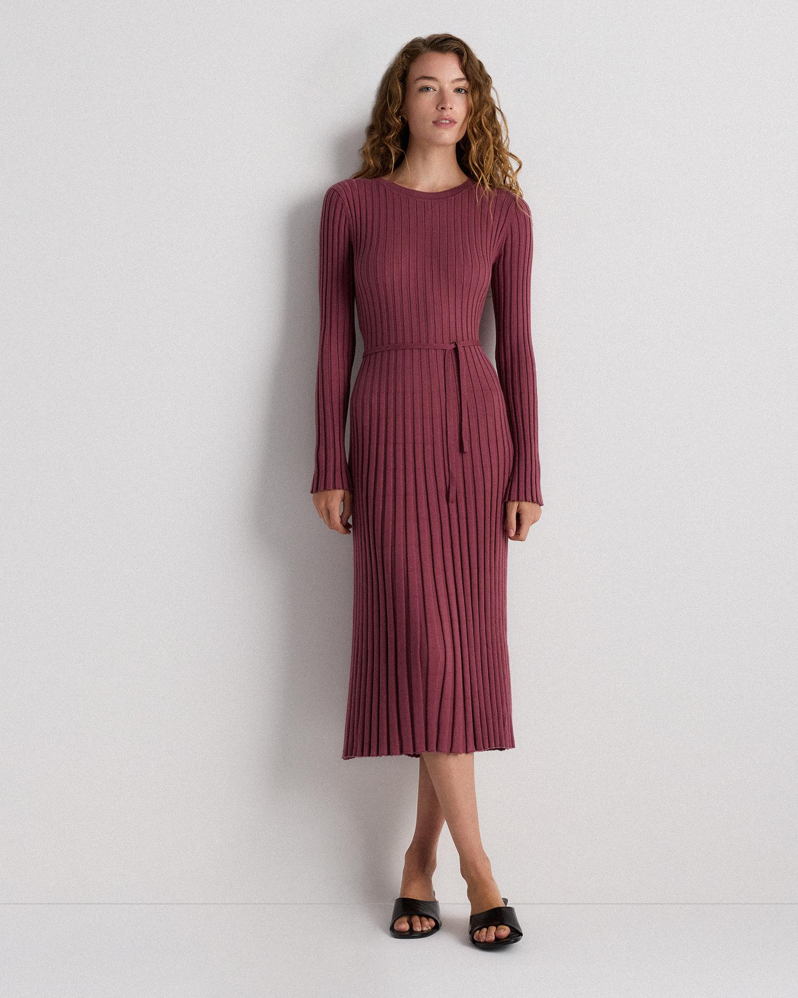cotton cashmere ribbed long sleeve crew midi dress