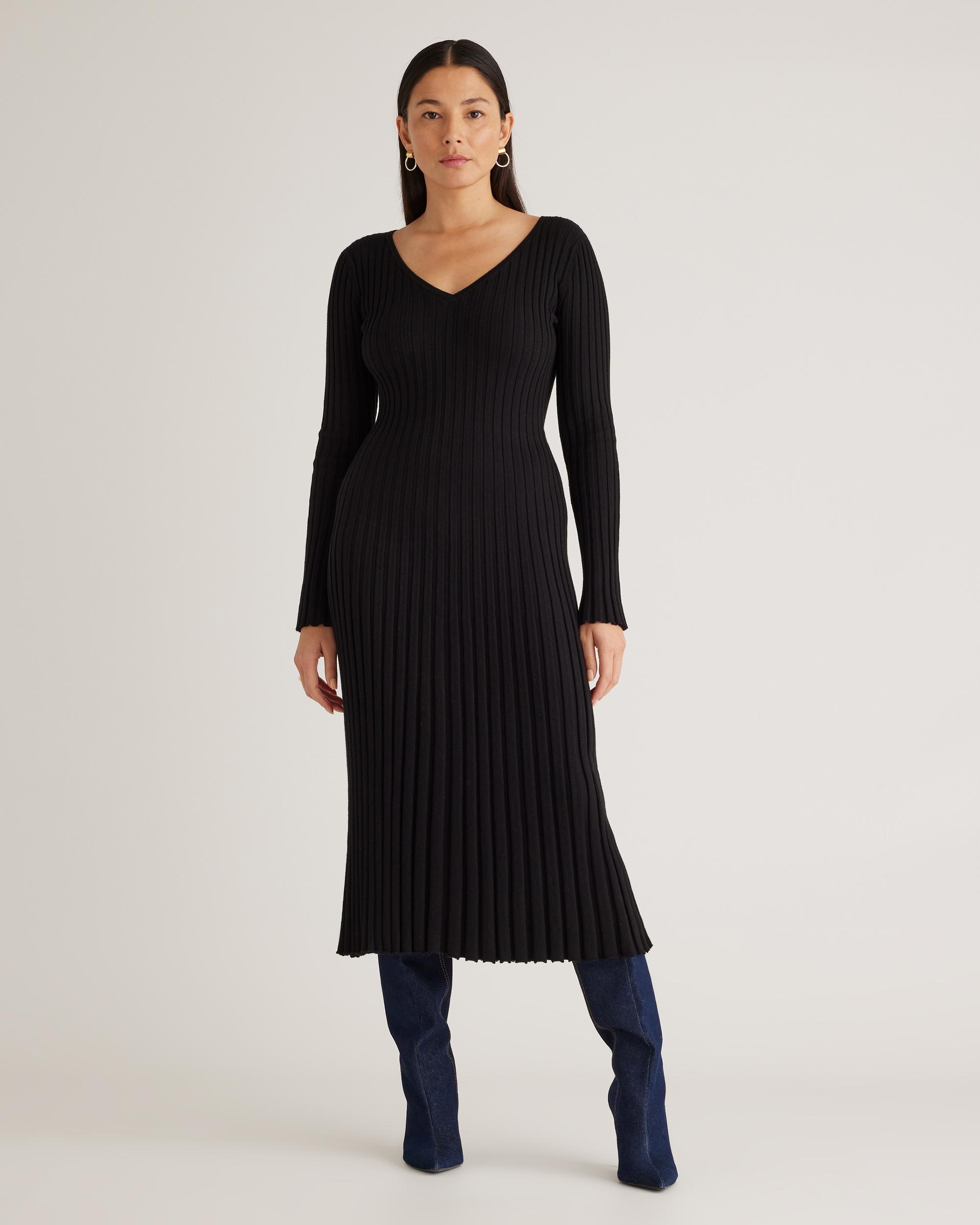 cotton cashmere ribbed long sleeve v-neck midi dress