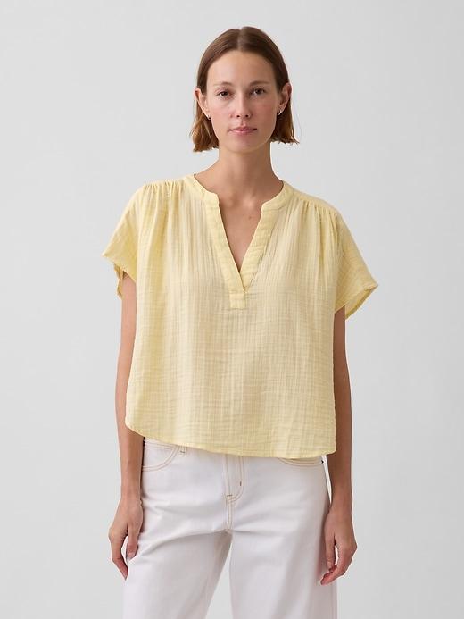 cotton gauze oversized split-neck top