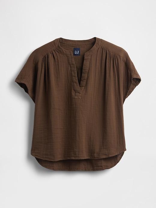 cotton gauze oversized split-neck top