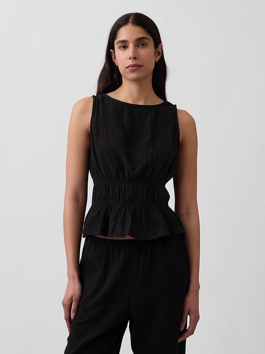 cotton gauze smocked-waist peplum top