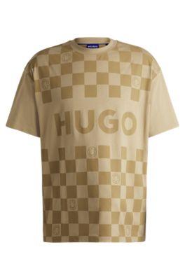 cotton-jersey loose-fit t-shirt with checkerboard print- beige men's t-shirts
