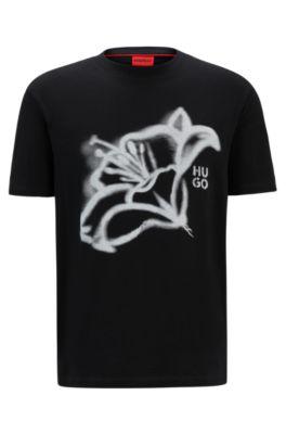 cotton-jersey relaxed-fit t-shirt with floral artwork- black men's t-shirts