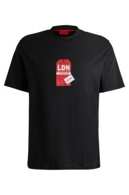 cotton-jersey t-shirt with travel-tag artwork- black men's t-shirts