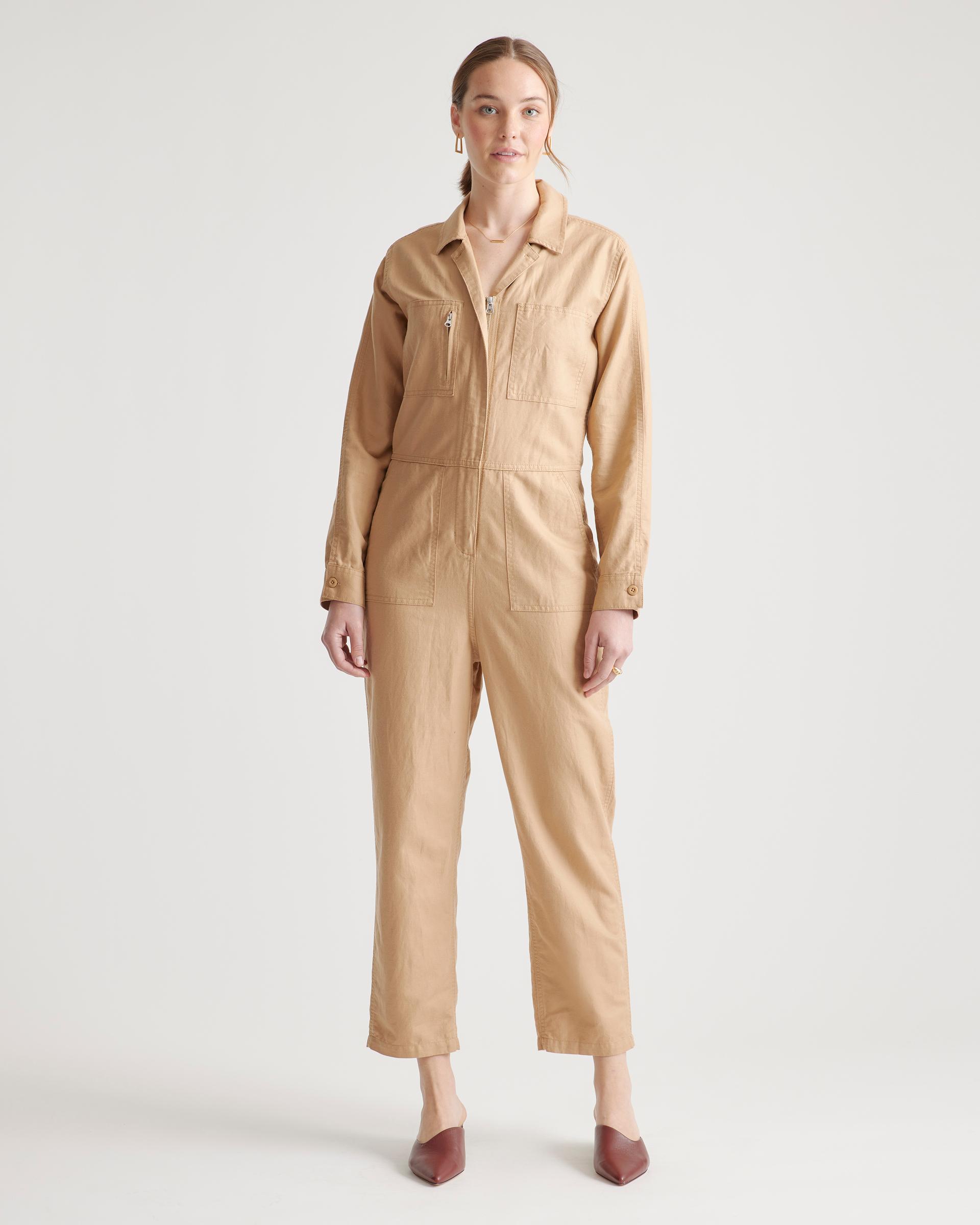 cotton linen twill long sleeve coverall jumpsuit