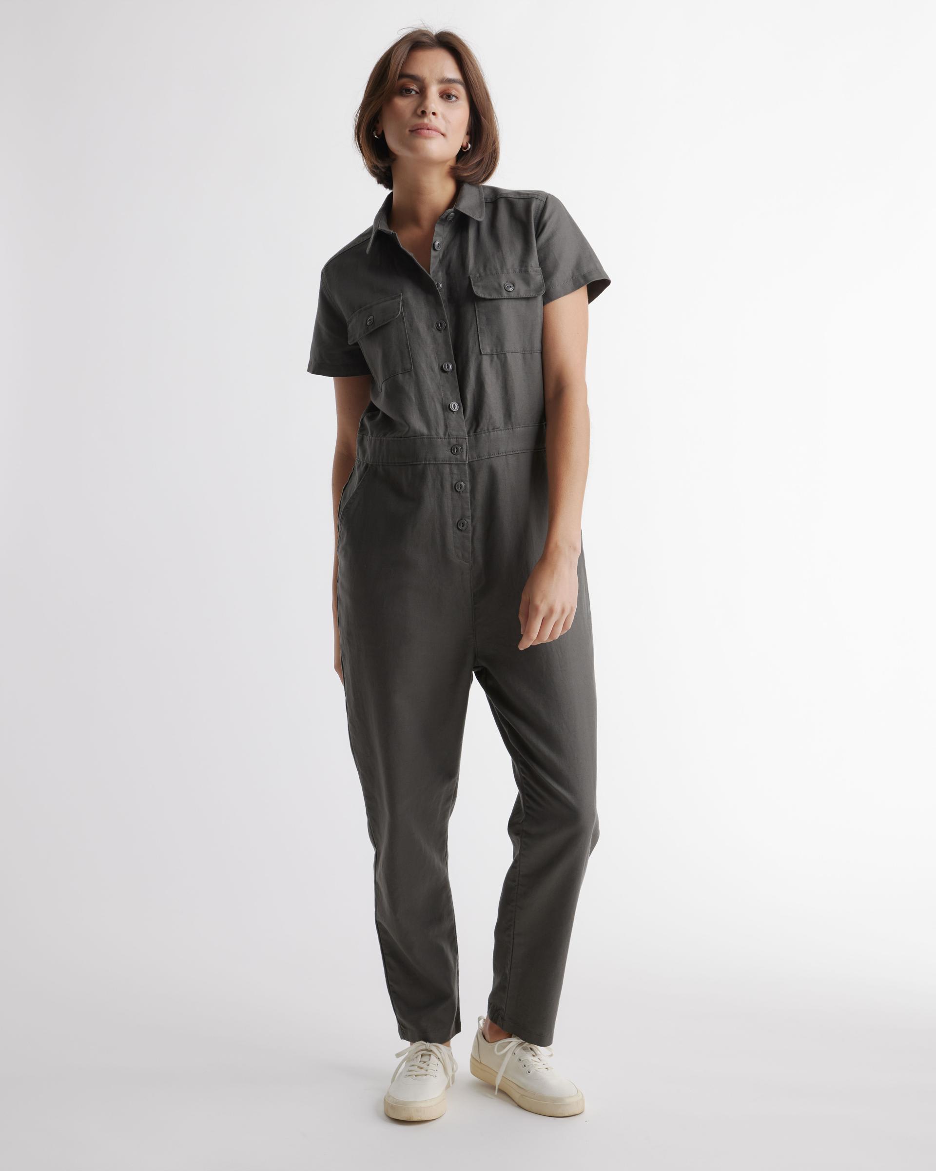 cotton linen twill short sleeve coverall jumpsuit