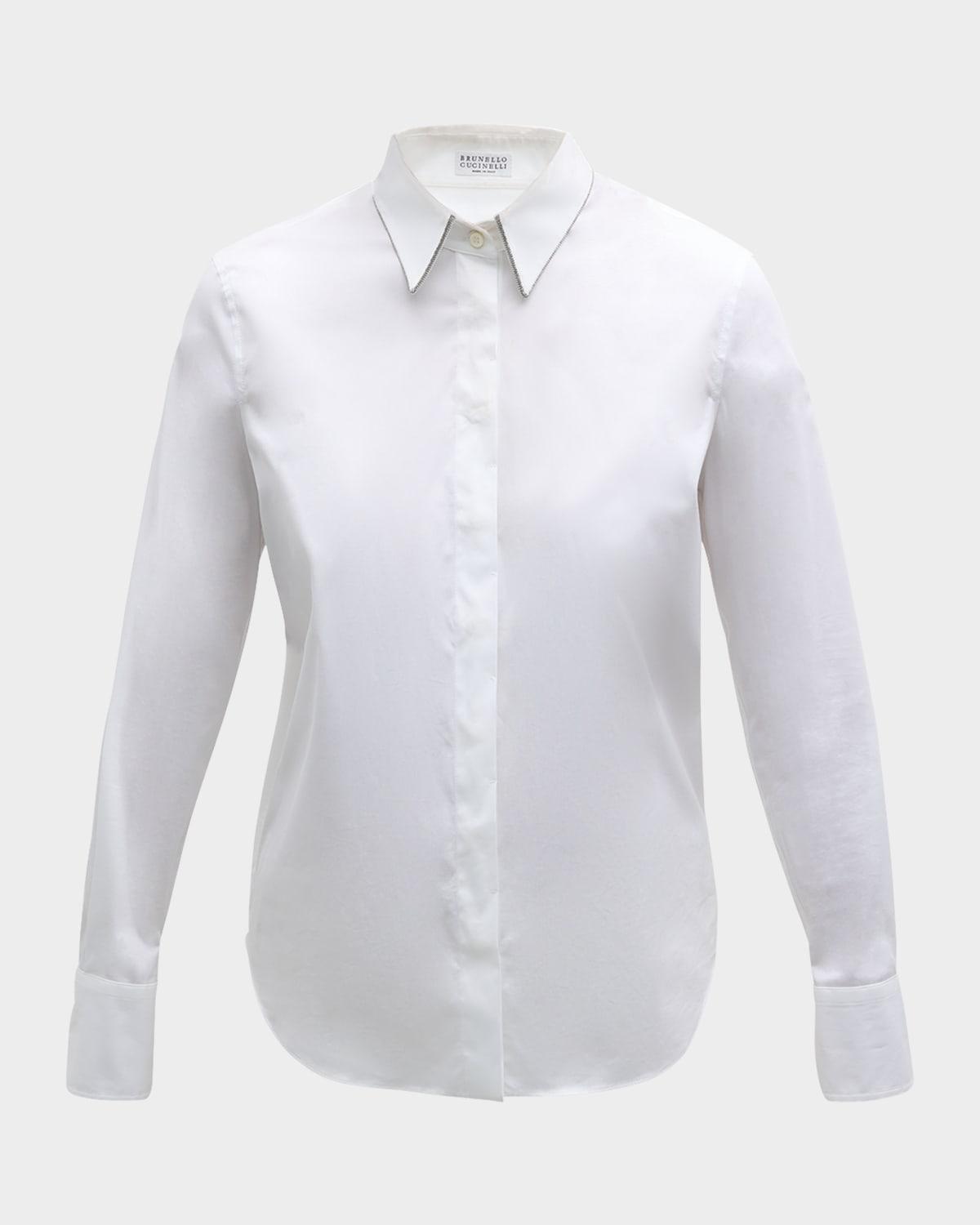cotton poplin button-front top with monili trim