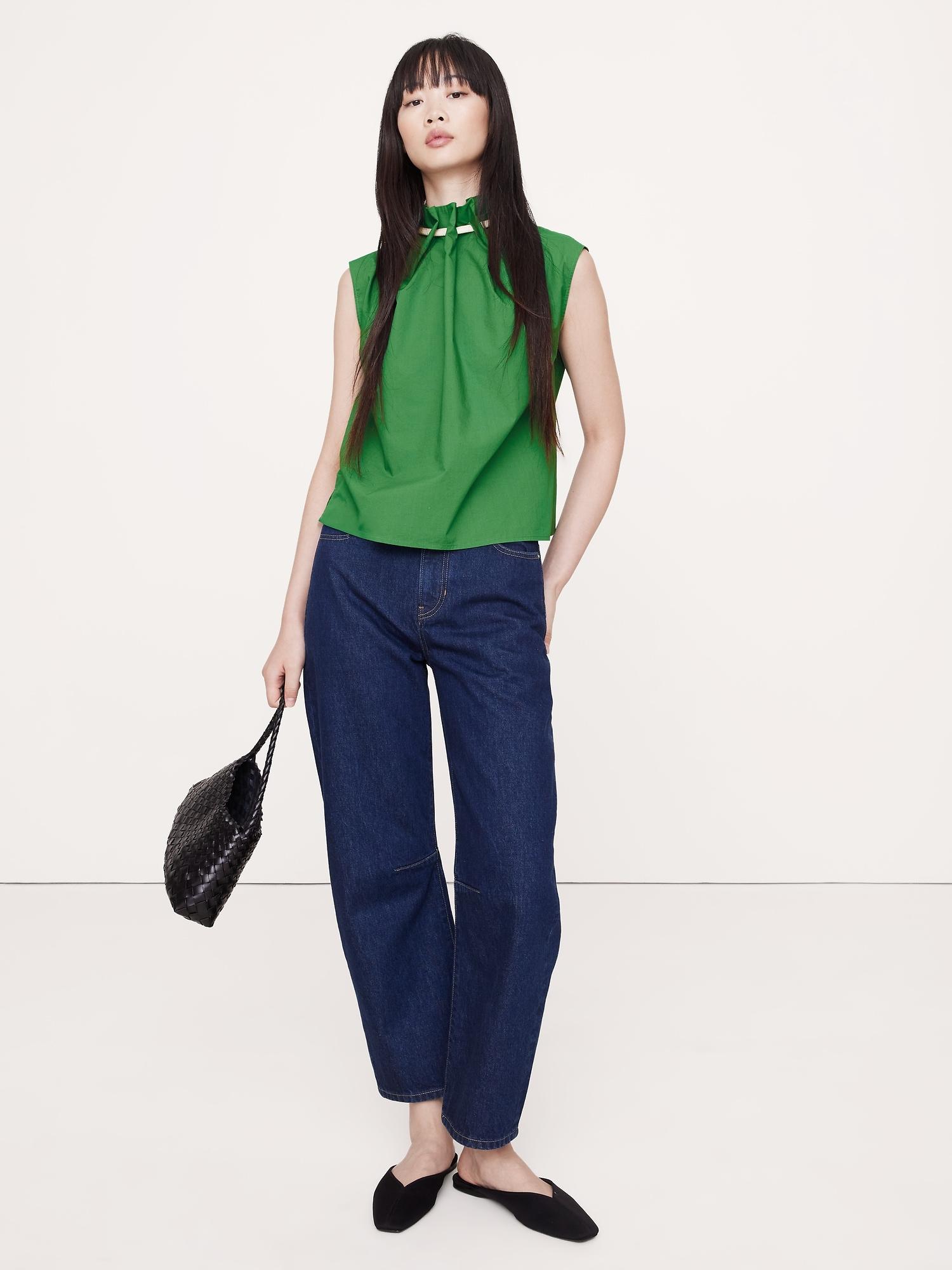 cotton poplin cinch-neck top