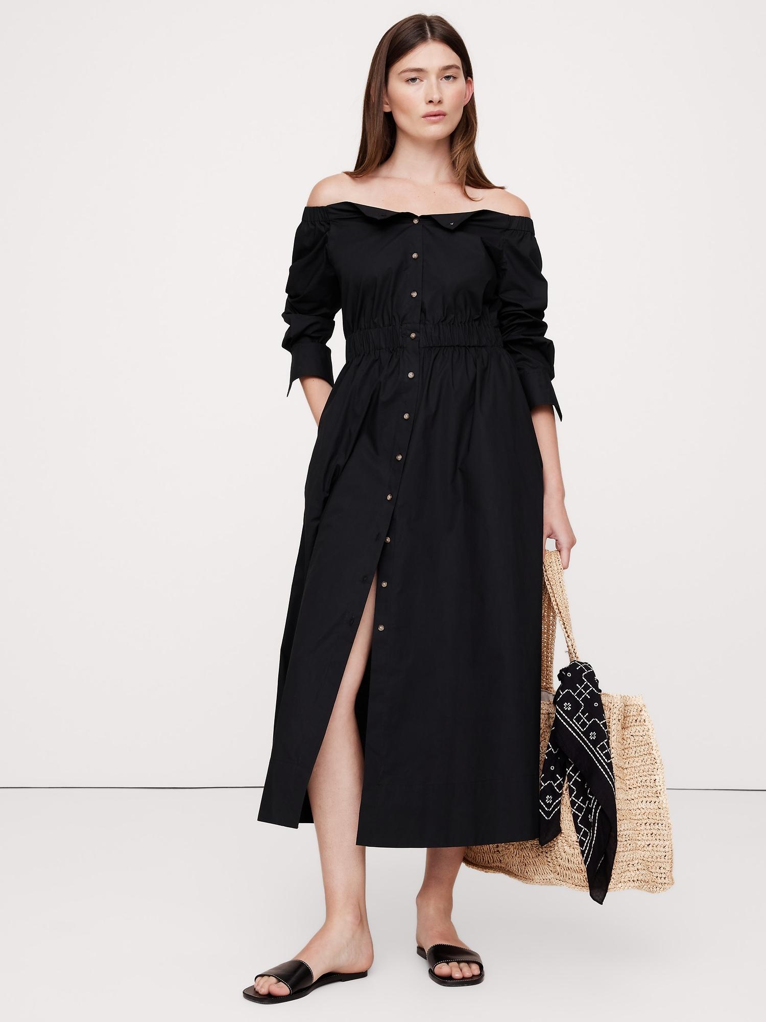 cotton poplin off-the-shoulder long midi shirt dress