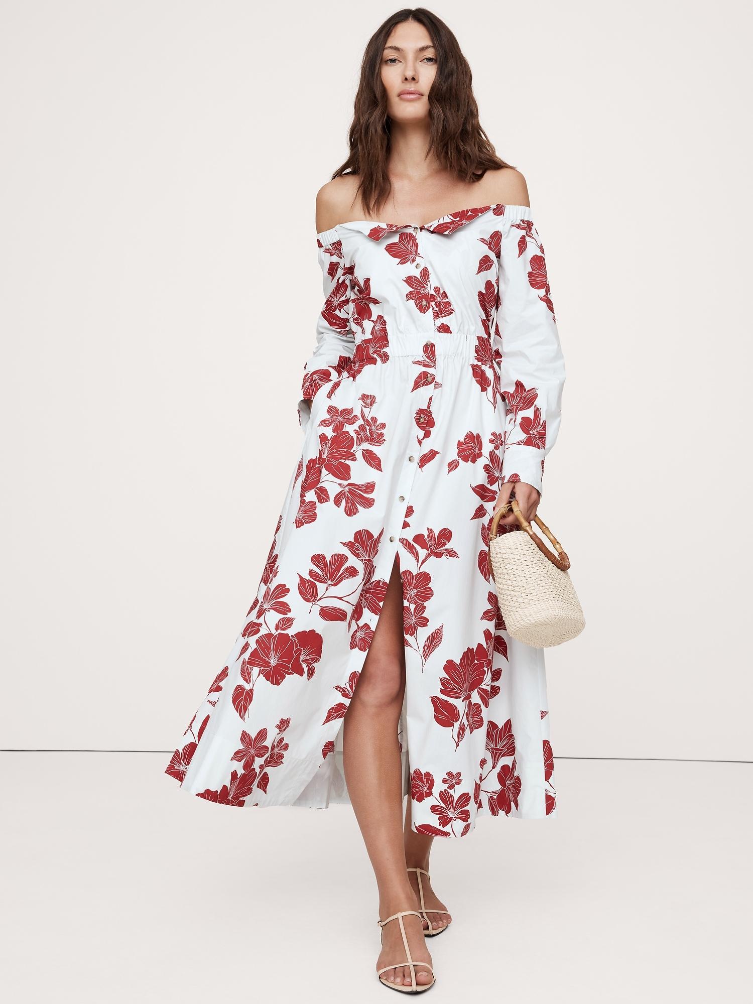 cotton poplin off-the-shoulder maxi shirt dress