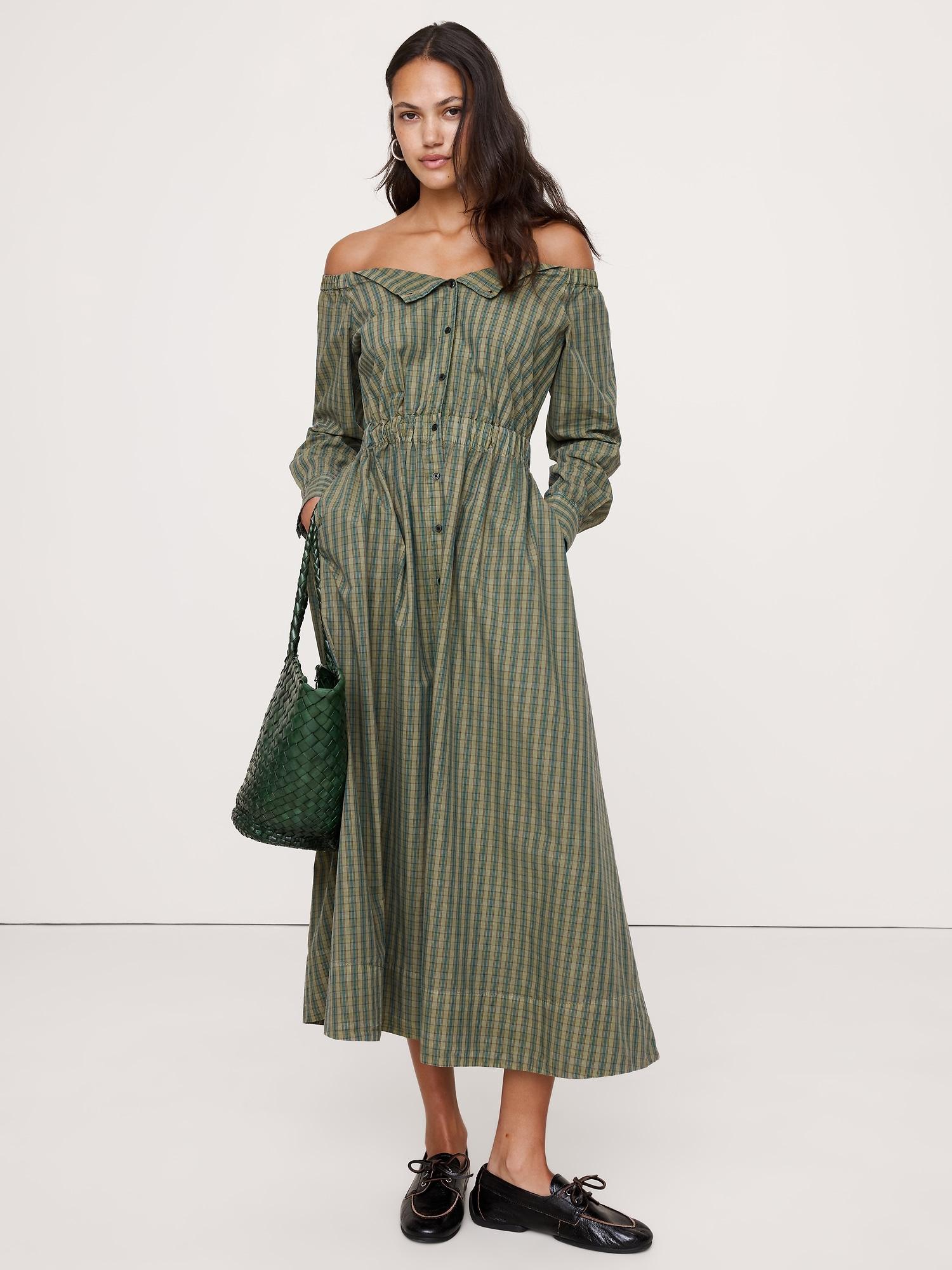 cotton poplin off-the-shoulder maxi shirt dress