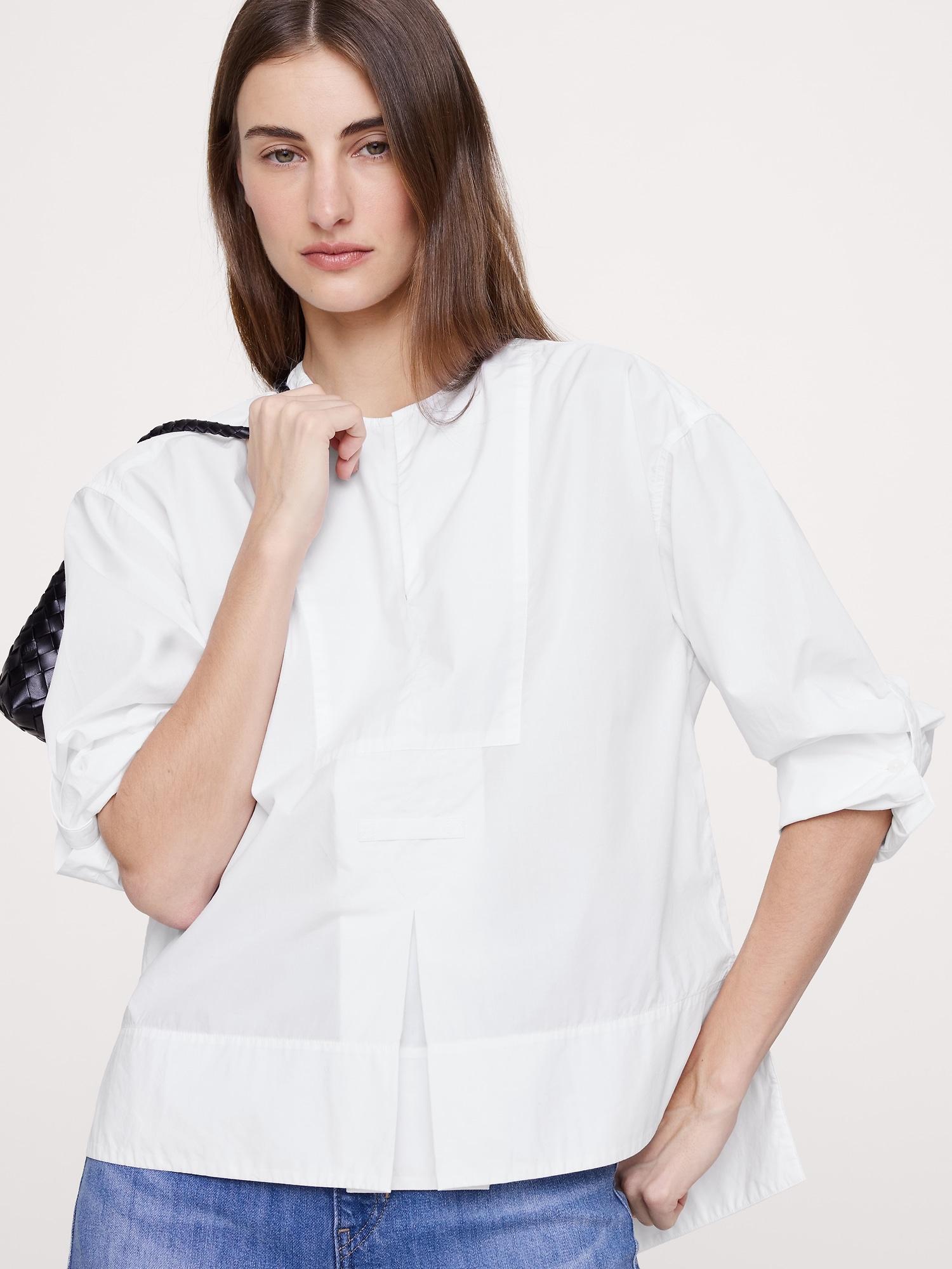 cotton poplin popover top with rolled cuffs