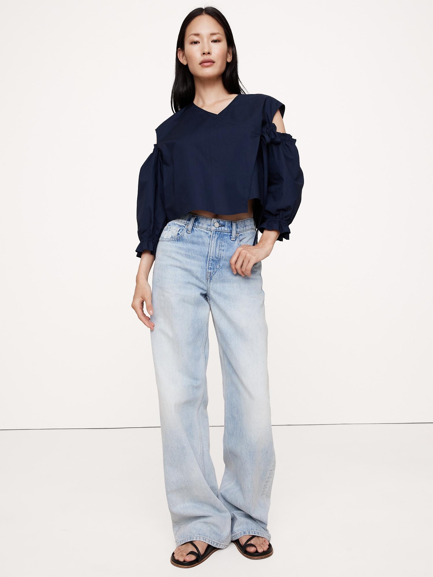 cotton poplin puff-sleeve cropped top