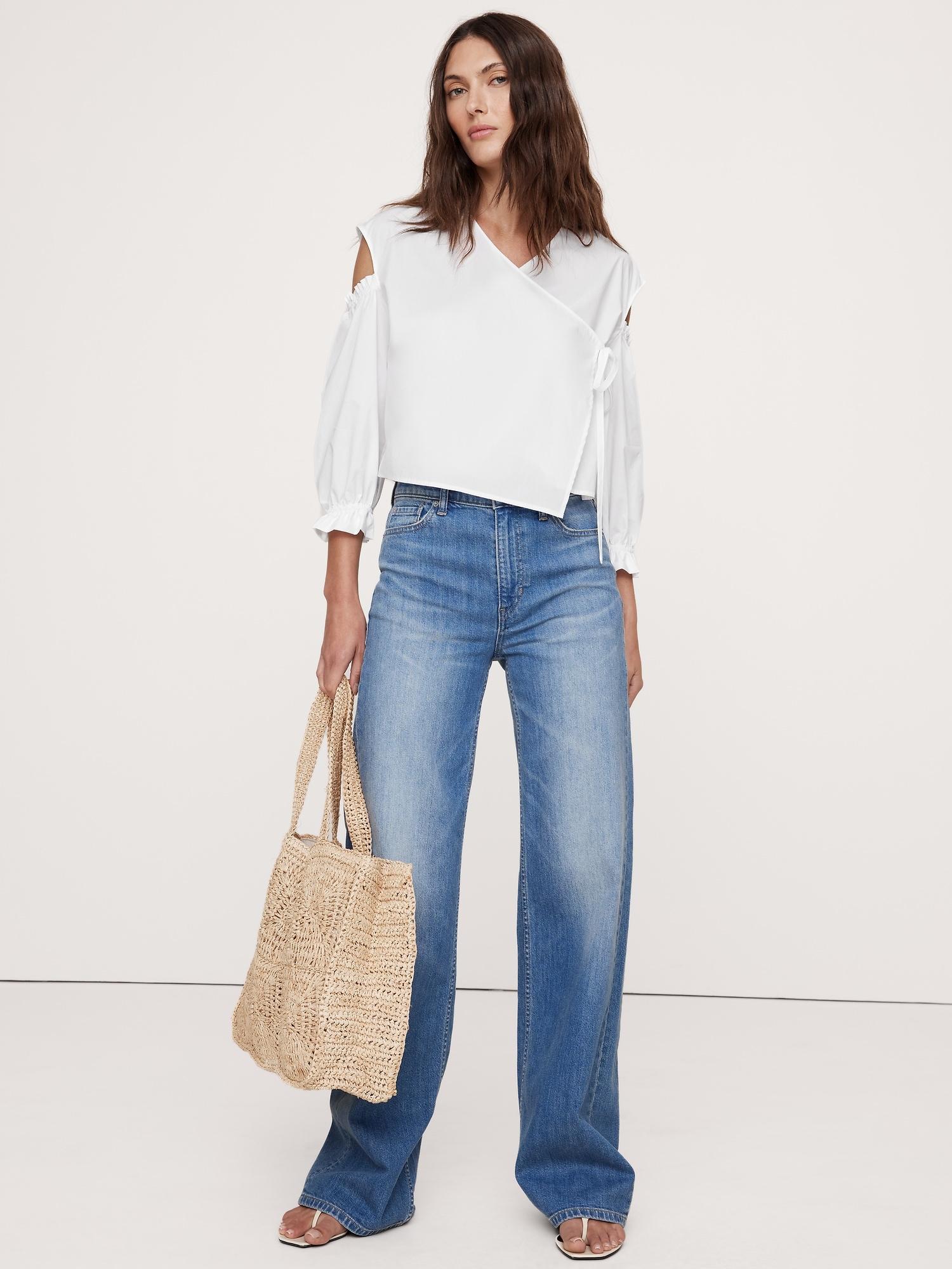 cotton poplin puff-sleeve cropped top