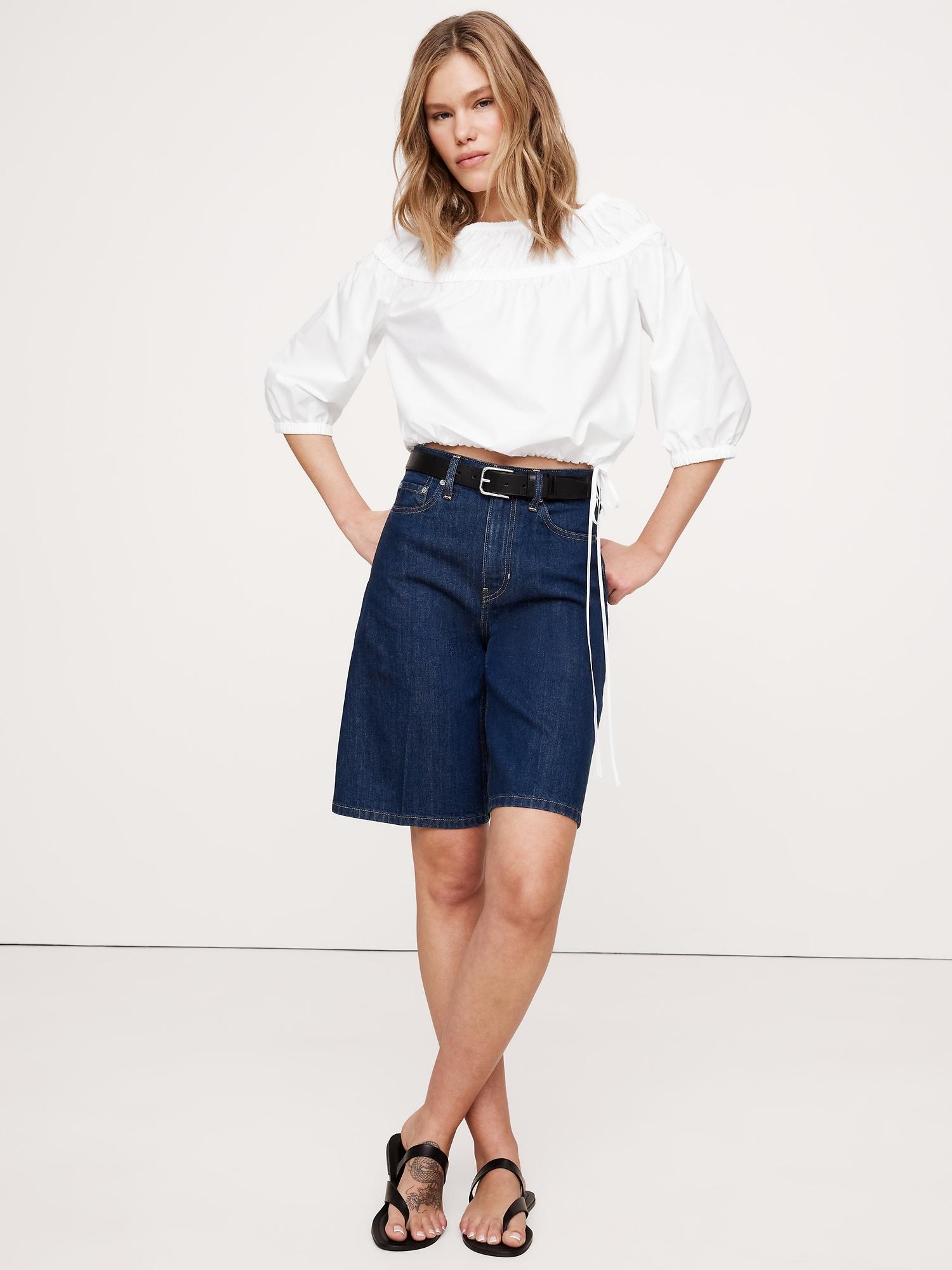 cotton poplin ruched bubble-hem top