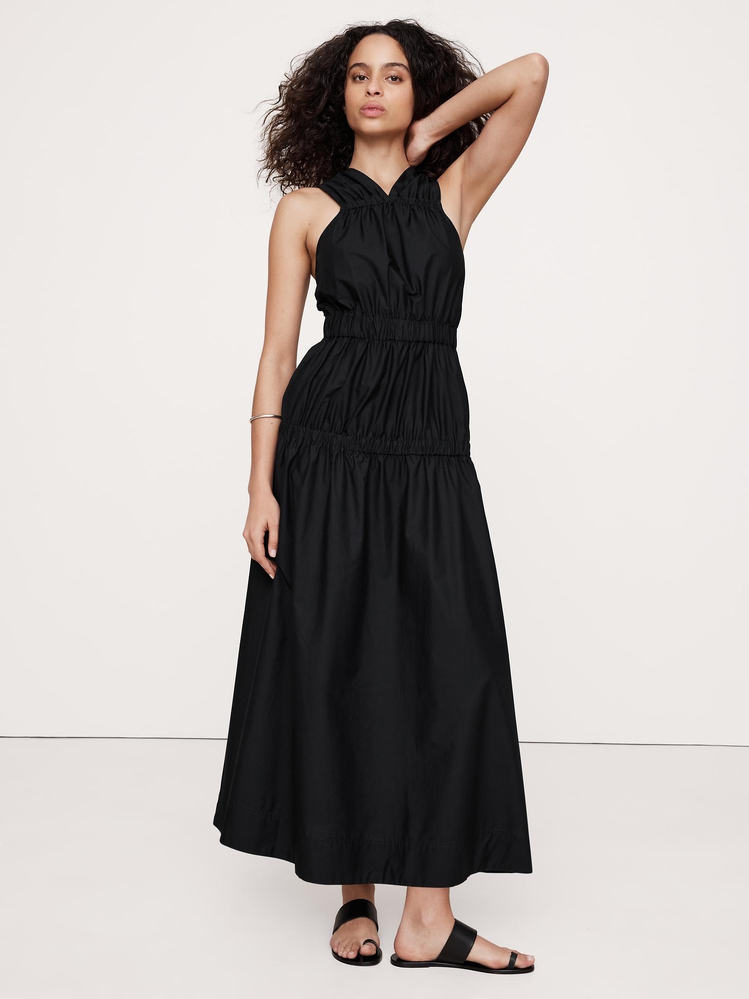 cotton poplin ruched drop-waist maxi dress