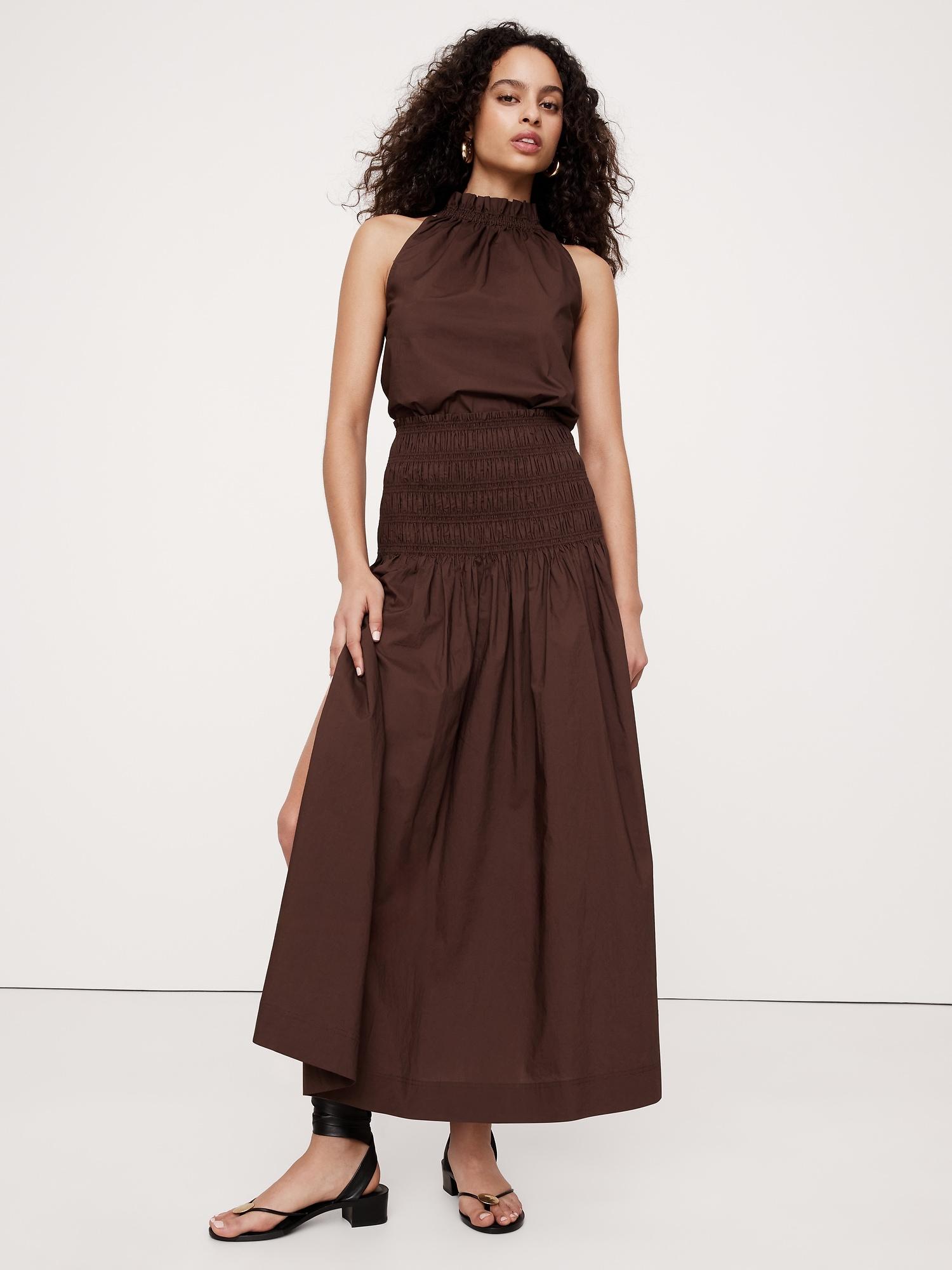 cotton poplin smocked-waist maxi skirt
