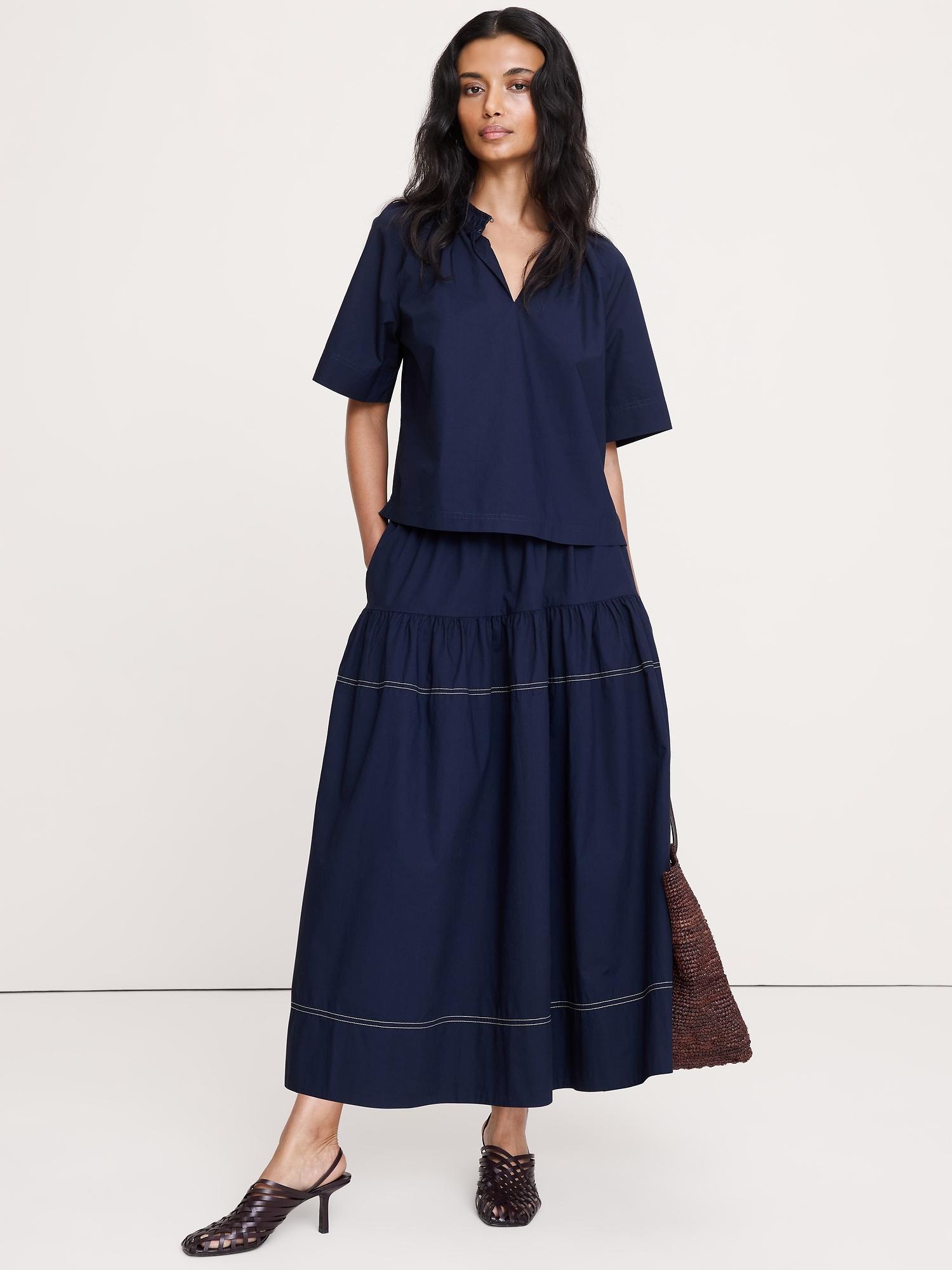 cotton poplin split-neck top