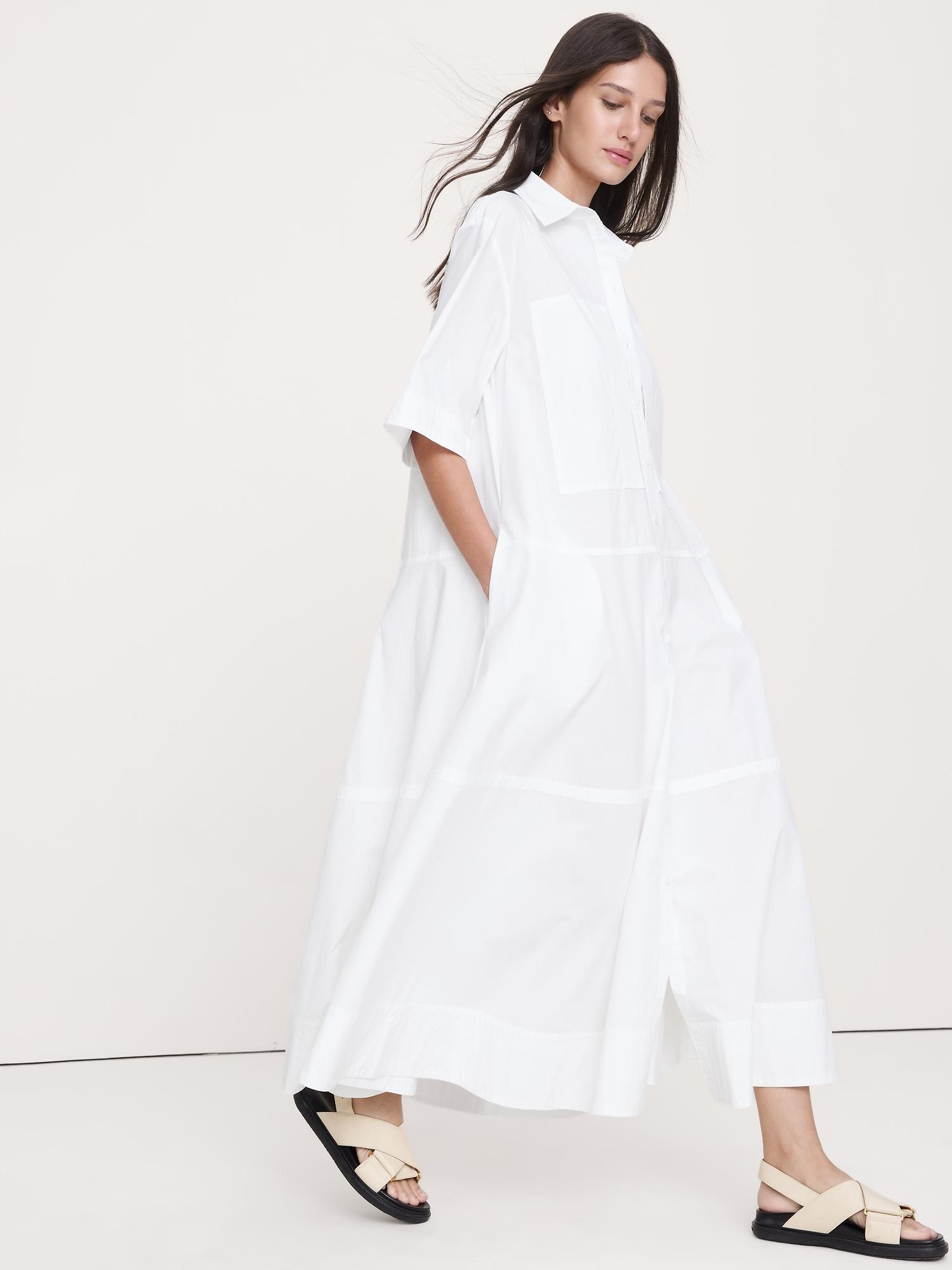cotton poplin trapeze maxi shirt dress