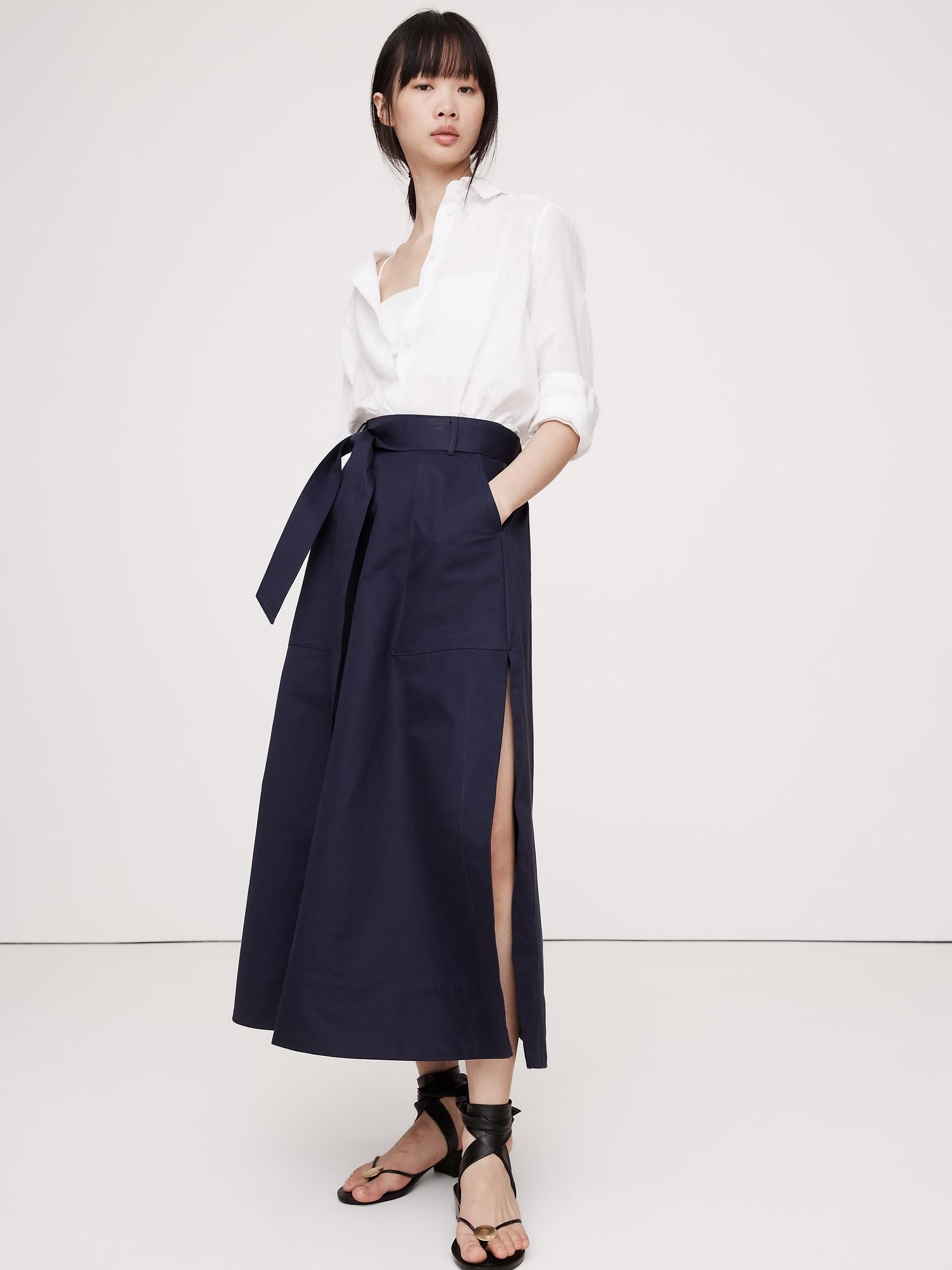 cotton sateen side-slit maxi skirt