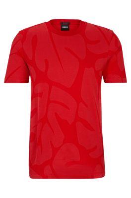 cotton t-shirt with two-tone monstera-leaf pattern- red men's t-shirts