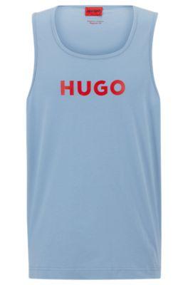 cotton tank top with red logo- light blue men's beach tops
