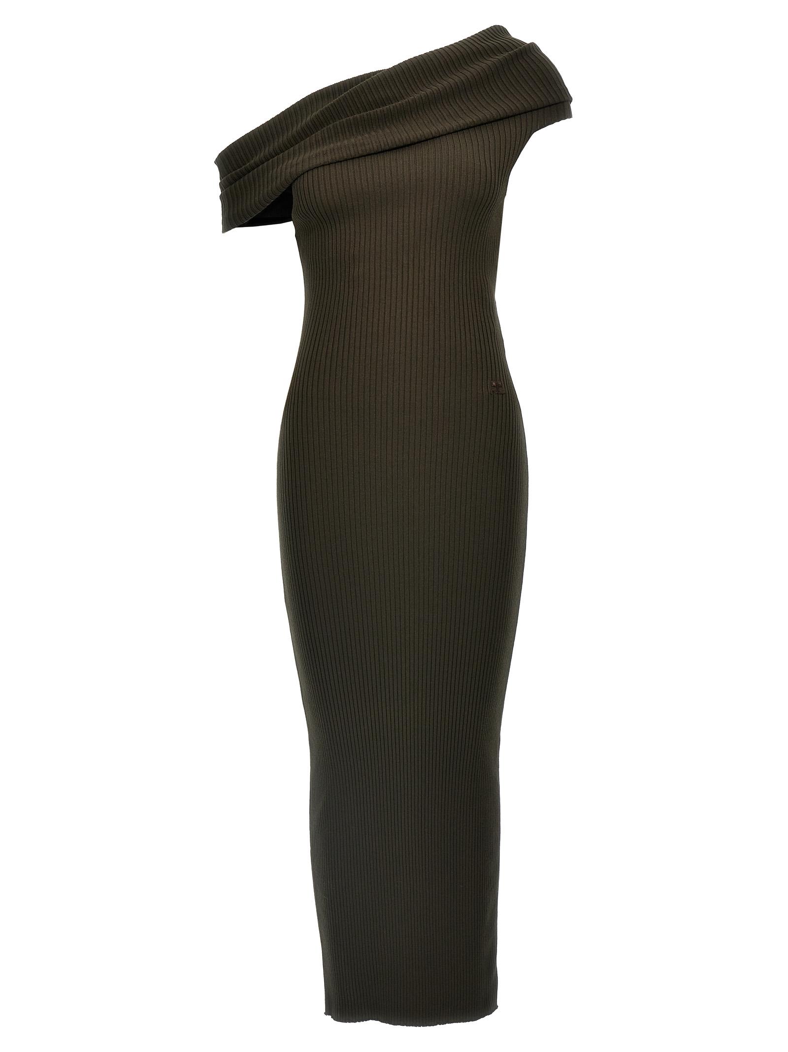 courreges twist rib knit long dress brown viscose - women