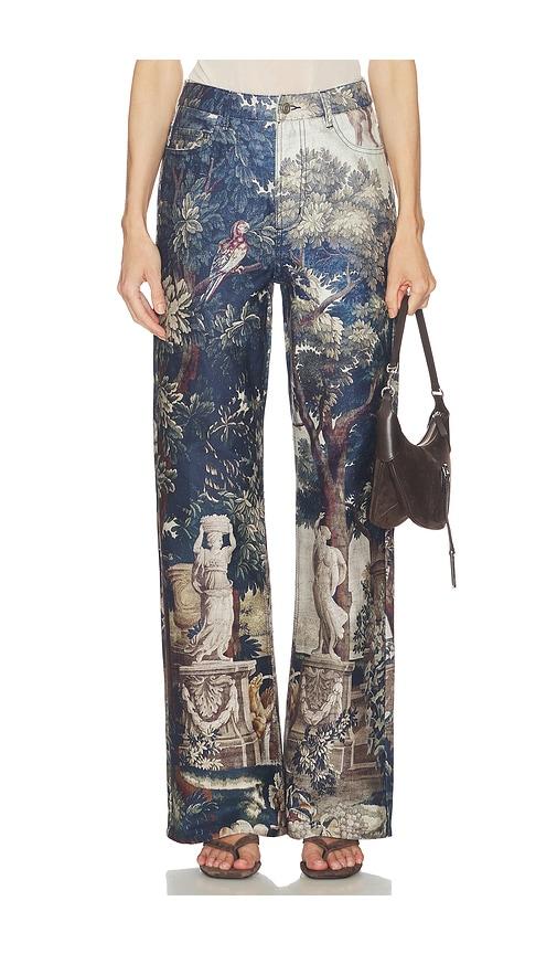 courtney zheng tapestry print jeans in blue.