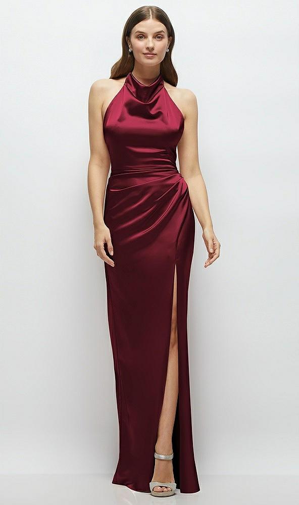 cowl halter open-back satin maxi dress