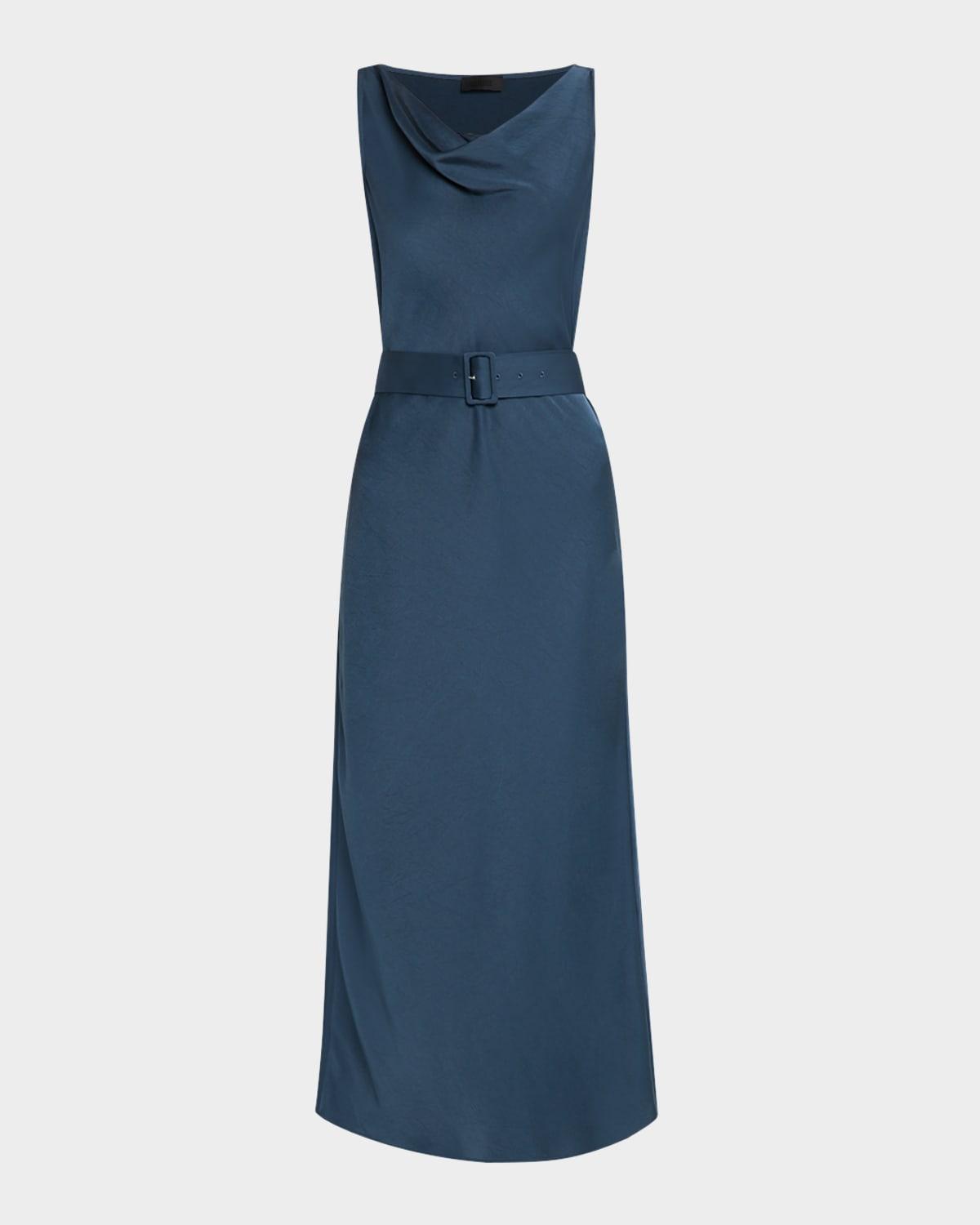 cowl-neck belted satin midi dress