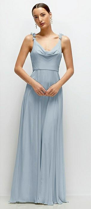 cowl neck chiffon maxi dress with hand-worked petal straps